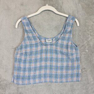 Afends Tank Top Womens Medium Blue Plaid Scoop Neck Cropped Hemp Blend Stretch